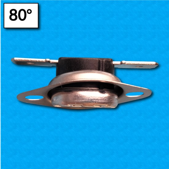 Thermostat KSD301 at 80°C - Norm.closed contacts - Horizontal terminals - With round clip - Rated current 10A - Reset at 65°C