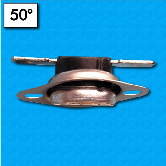 Thermostat KSD301 50°C - Contacts normalement fermés - Terminaux horizontaux - Avec bride mobile - Courant nominal 10A