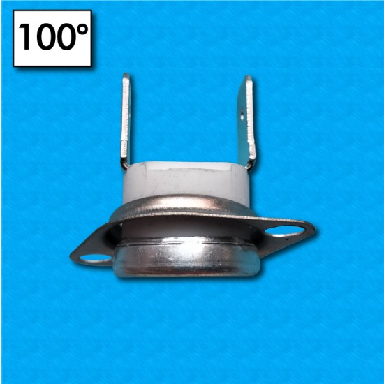 Thermostat KSD at 100°C - Normally closed contacts - Vertical terminals - With round clip - Rated current 16A - Ceramic body