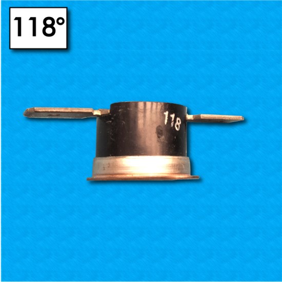 Thermostat R40 au 118°C - Contacts normalement fermes - Terminaux horizontaux - Avec bride fixe - Courant nominal 10A