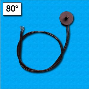 Protettore termico E11 - Temperatura 80°C - Contatti normalmente aperti - Cavetti 300/300 - Fissaggio con vite M4 - Portata 2,5A